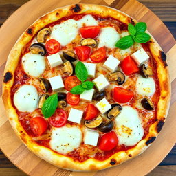 A rich and creamy pizza crafted with a delightful mix of sautéed onions, ripe tomatoes, tender mushrooms, and soft paneer cubes