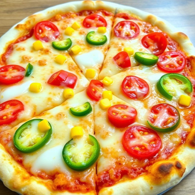 A delicious pizza showcasing sweet corn and juicy tomatoes, beautifully paired with vibrant green capsicum slices