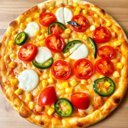 A delicious pizza showcasing sweet corn and juicy tomatoes, beautifully paired with vibrant green capsicum slices