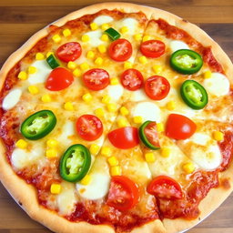 A delicious pizza showcasing sweet corn and juicy tomatoes, beautifully paired with vibrant green capsicum slices