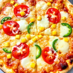 A delicious pizza showcasing sweet corn and juicy tomatoes, beautifully paired with vibrant green capsicum slices