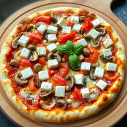 A rich and creamy pizza adorned with a vibrant assortment of sautéed onions, ripe tomatoes, tender mushrooms, and soft, cubed paneer