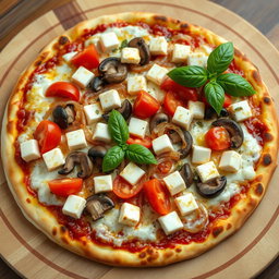 A rich and creamy pizza adorned with a vibrant assortment of sautéed onions, ripe tomatoes, tender mushrooms, and soft, cubed paneer
