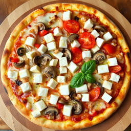 A rich and creamy pizza adorned with a vibrant assortment of sautéed onions, ripe tomatoes, tender mushrooms, and soft, cubed paneer