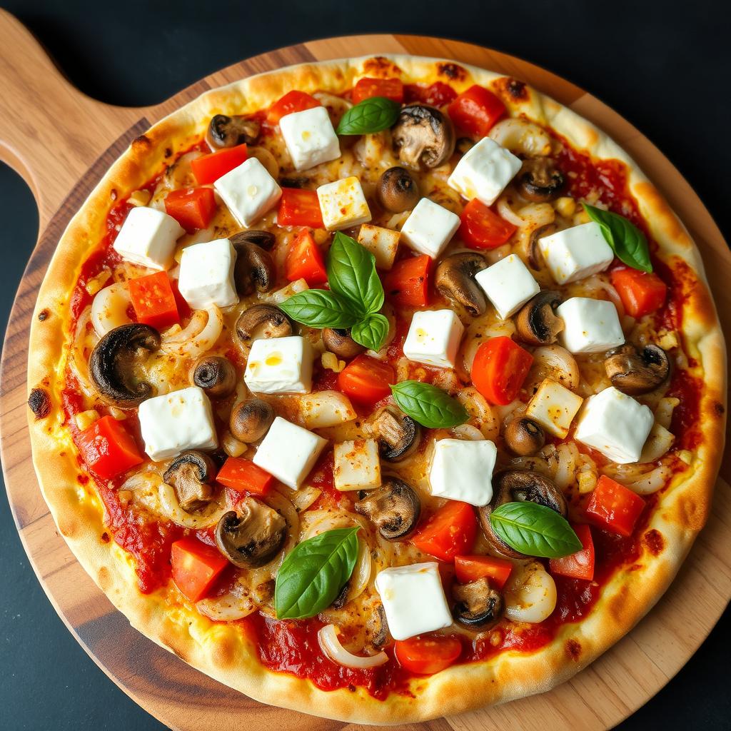 A rich and creamy pizza adorned with a vibrant assortment of sautéed onions, ripe tomatoes, tender mushrooms, and soft, cubed paneer