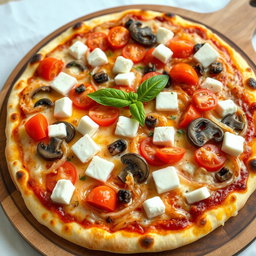 A rich and creamy pizza beautifully topped with sautéed onions, juicy tomatoes, tender mushrooms, and soft, crumbly cubes of paneer