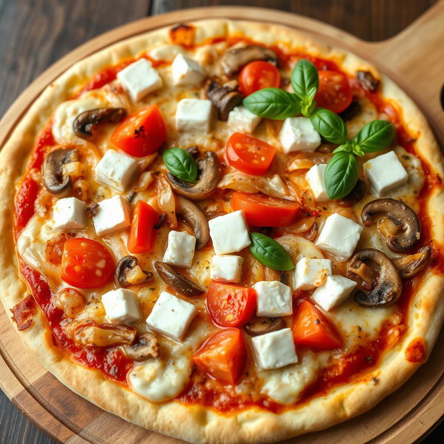 A rich and creamy pizza beautifully topped with sautéed onions, juicy tomatoes, tender mushrooms, and soft, crumbly cubes of paneer