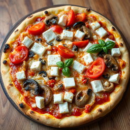 A rich and creamy pizza beautifully topped with sautéed onions, juicy tomatoes, tender mushrooms, and soft, crumbly cubes of paneer
