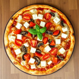 A rich and creamy pizza beautifully topped with sautéed onions, juicy tomatoes, tender mushrooms, and soft, crumbly cubes of paneer