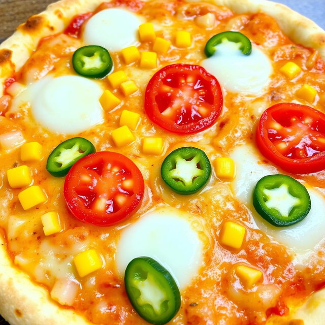 A mouthwatering pizza featuring sweet corn and juicy tomatoes, beautifully paired with vibrant green capsicum slices