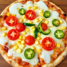 A mouthwatering pizza featuring sweet corn and juicy tomatoes, beautifully paired with vibrant green capsicum slices