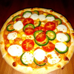 A mouthwatering pizza featuring sweet corn and juicy tomatoes, beautifully paired with vibrant green capsicum slices