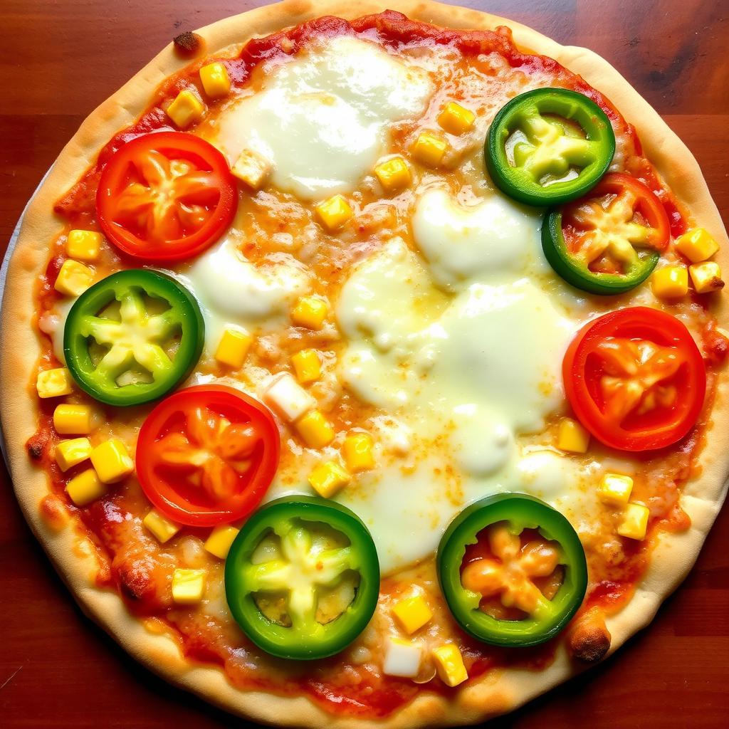 A mouthwatering pizza featuring sweet corn and juicy tomatoes, beautifully paired with vibrant green capsicum slices