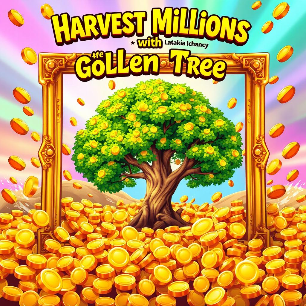 An illustration of a game theme 'Golden Tree', set inside a beautifully designed frame