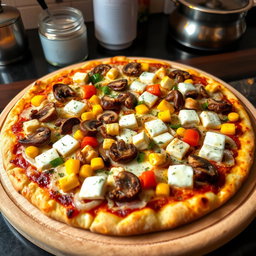 An exquisite pizza topped with a delicious mix of sautéed onions, fresh mushrooms, sweet corn, soft paneer cubes, and colorful capsicum, all smothered in melted mozzarella cheese that stretches enticingly