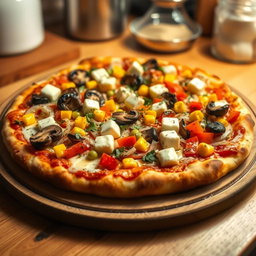 An exquisite pizza topped with a delicious mix of sautéed onions, fresh mushrooms, sweet corn, soft paneer cubes, and colorful capsicum, all smothered in melted mozzarella cheese that stretches enticingly