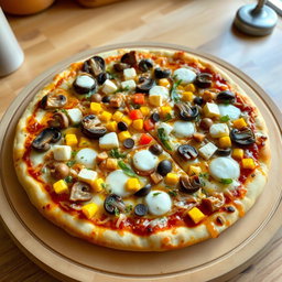 An exquisite pizza topped with a delicious mix of sautéed onions, fresh mushrooms, sweet corn, soft paneer cubes, and colorful capsicum, all smothered in melted mozzarella cheese that stretches enticingly