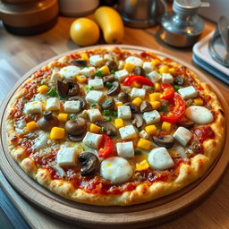An exquisite pizza topped with a delicious mix of sautéed onions, fresh mushrooms, sweet corn, soft paneer cubes, and colorful capsicum, all smothered in melted mozzarella cheese that stretches enticingly