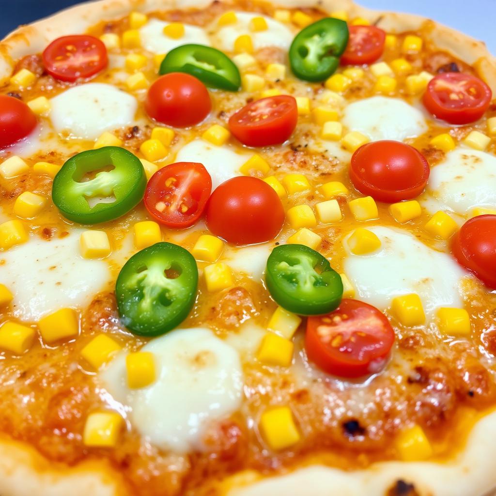 A tempting pizza adorned with sweet corn and juicy, ripe tomatoes, expertly paired with fresh green capsicum slices