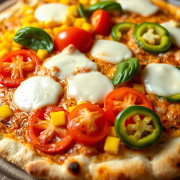 A tempting pizza adorned with sweet corn and juicy, ripe tomatoes, expertly paired with fresh green capsicum slices