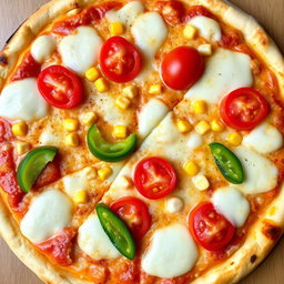 A tempting pizza adorned with sweet corn and juicy, ripe tomatoes, expertly paired with fresh green capsicum slices