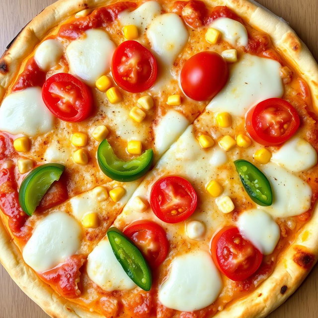 A tempting pizza adorned with sweet corn and juicy, ripe tomatoes, expertly paired with fresh green capsicum slices