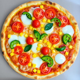 A tempting pizza adorned with sweet corn and juicy, ripe tomatoes, expertly paired with fresh green capsicum slices