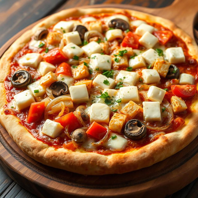 A rich and creamy pizza showcasing a delightful blend of sautéed onions, fresh tomatoes, tender mushrooms, and soft paneer cubes