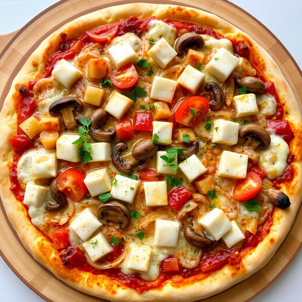 A rich and creamy pizza showcasing a delightful blend of sautéed onions, fresh tomatoes, tender mushrooms, and soft paneer cubes