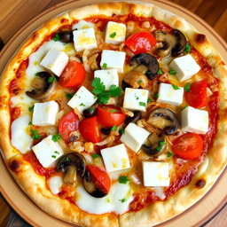 A rich and creamy pizza showcasing a delightful blend of sautéed onions, fresh tomatoes, tender mushrooms, and soft paneer cubes