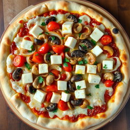 A rich and creamy pizza showcasing a delightful blend of sautéed onions, fresh tomatoes, tender mushrooms, and soft paneer cubes