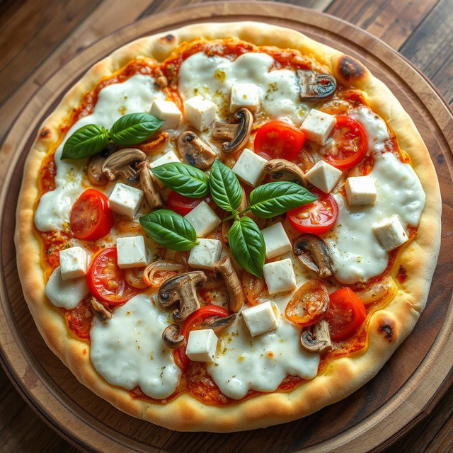A rich and creamy pizza featuring a delightful medley of sautéed onions, ripe tomatoes, tender mushrooms, and soft cubes of paneer