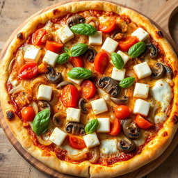A rich and creamy pizza featuring a delightful medley of sautéed onions, ripe tomatoes, tender mushrooms, and soft cubes of paneer