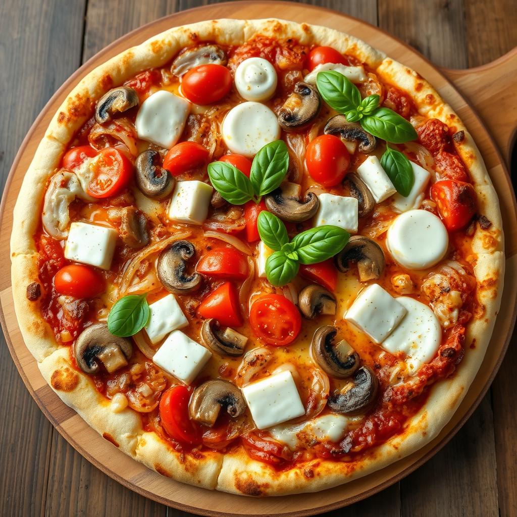 A rich and creamy pizza featuring a delightful medley of sautéed onions, ripe tomatoes, tender mushrooms, and soft cubes of paneer