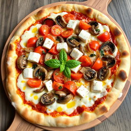 A rich and creamy pizza featuring a delightful medley of sautéed onions, ripe tomatoes, tender mushrooms, and soft cubes of paneer
