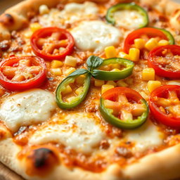 A scrumptious pizza featuring sweet corn and juicy, ripe tomatoes, perfectly paired with fresh green capsicum slices