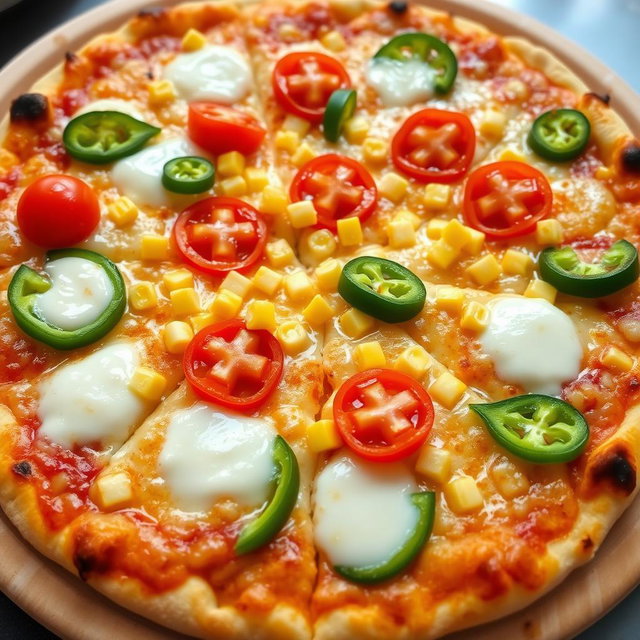A scrumptious pizza featuring sweet corn and juicy, ripe tomatoes, perfectly paired with fresh green capsicum slices