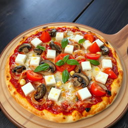 A rich and creamy pizza featuring a sumptuous combination of sautéed onions, ripe tomatoes, tender mushrooms, and soft cubes of paneer