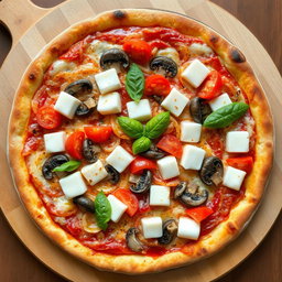 A rich and creamy pizza featuring a sumptuous combination of sautéed onions, ripe tomatoes, tender mushrooms, and soft cubes of paneer