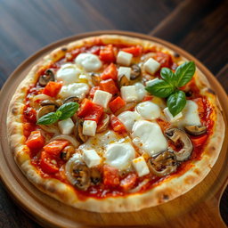 A rich and creamy pizza featuring a sumptuous combination of sautéed onions, ripe tomatoes, tender mushrooms, and soft cubes of paneer