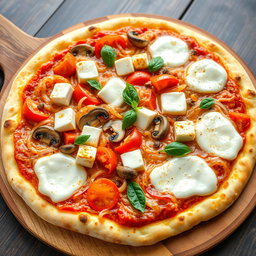 A rich and creamy pizza featuring a sumptuous combination of sautéed onions, ripe tomatoes, tender mushrooms, and soft cubes of paneer