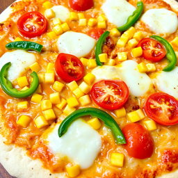 A delicious pizza featuring sweet corn and juicy, ripe tomatoes, elegantly paired with fresh green capsicum slices