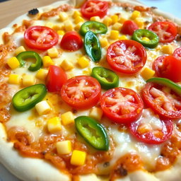 A delicious pizza featuring sweet corn and juicy, ripe tomatoes, elegantly paired with fresh green capsicum slices