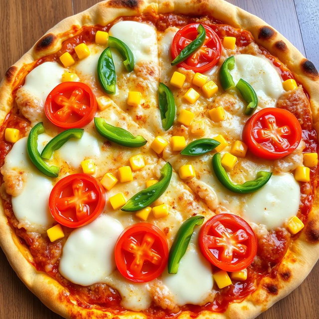 A delicious pizza featuring sweet corn and juicy, ripe tomatoes, elegantly paired with fresh green capsicum slices