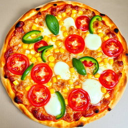 A delicious pizza featuring sweet corn and juicy, ripe tomatoes, elegantly paired with fresh green capsicum slices