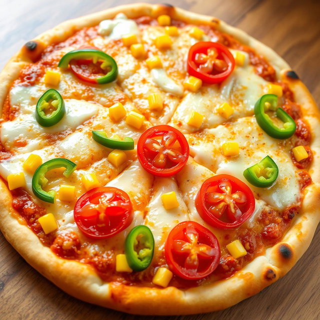 A delectable pizza topped with sweet corn and juicy, ripe tomatoes, beautifully paired with fresh green capsicum slices
