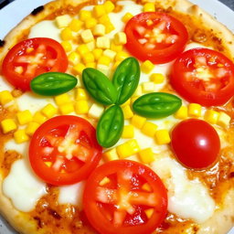 A delectable pizza topped with sweet corn and juicy, ripe tomatoes, beautifully paired with fresh green capsicum slices