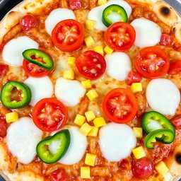 A delectable pizza topped with sweet corn and juicy, ripe tomatoes, beautifully paired with fresh green capsicum slices
