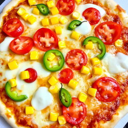 A delectable pizza topped with sweet corn and juicy, ripe tomatoes, beautifully paired with fresh green capsicum slices