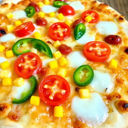 A mouthwatering pizza featuring sweet corn and juicy, ripe tomatoes skillfully paired with fresh green capsicum slices